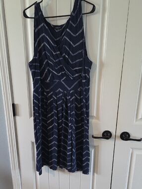 Lands' End Navy and White Chevron Wrap-Front Midi Dress